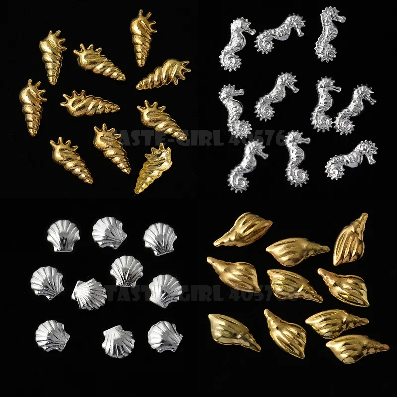 500PCS 3D Silver Gold Ocean Marine Life Seashell Starfish Snail hippocampi Feather Metal Stud Nail Art Rivet Manicure Decoration