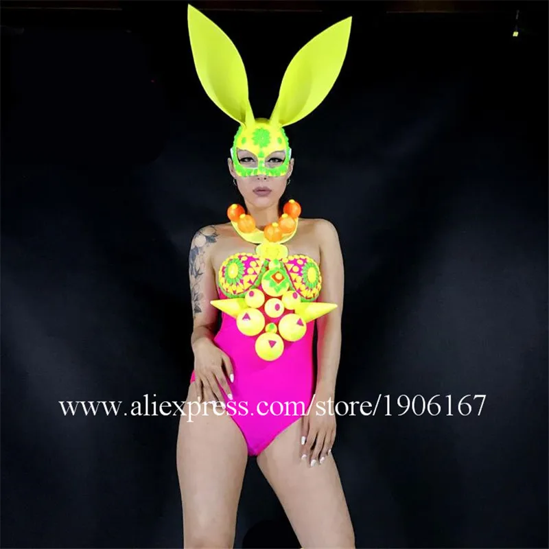 Rabbit Mask Design Sexy Girl Stage DJ Dancer DJ Singer Suit Headwear Performance Shows Ballrooom Costume Clothes