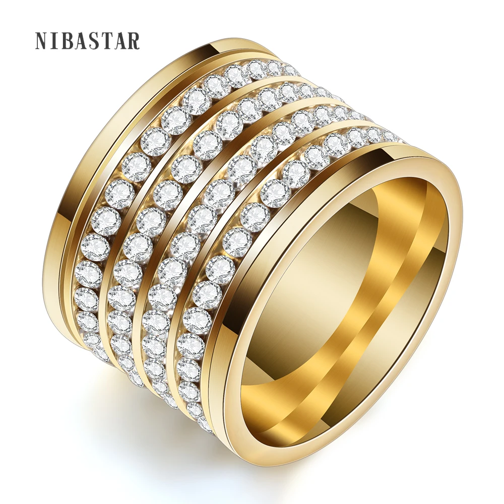 Shining Full 4 Row Crystal rhinestone jewelry accessories rings Gold Color Stainless Steel Couple Wedding rings for men and Wome