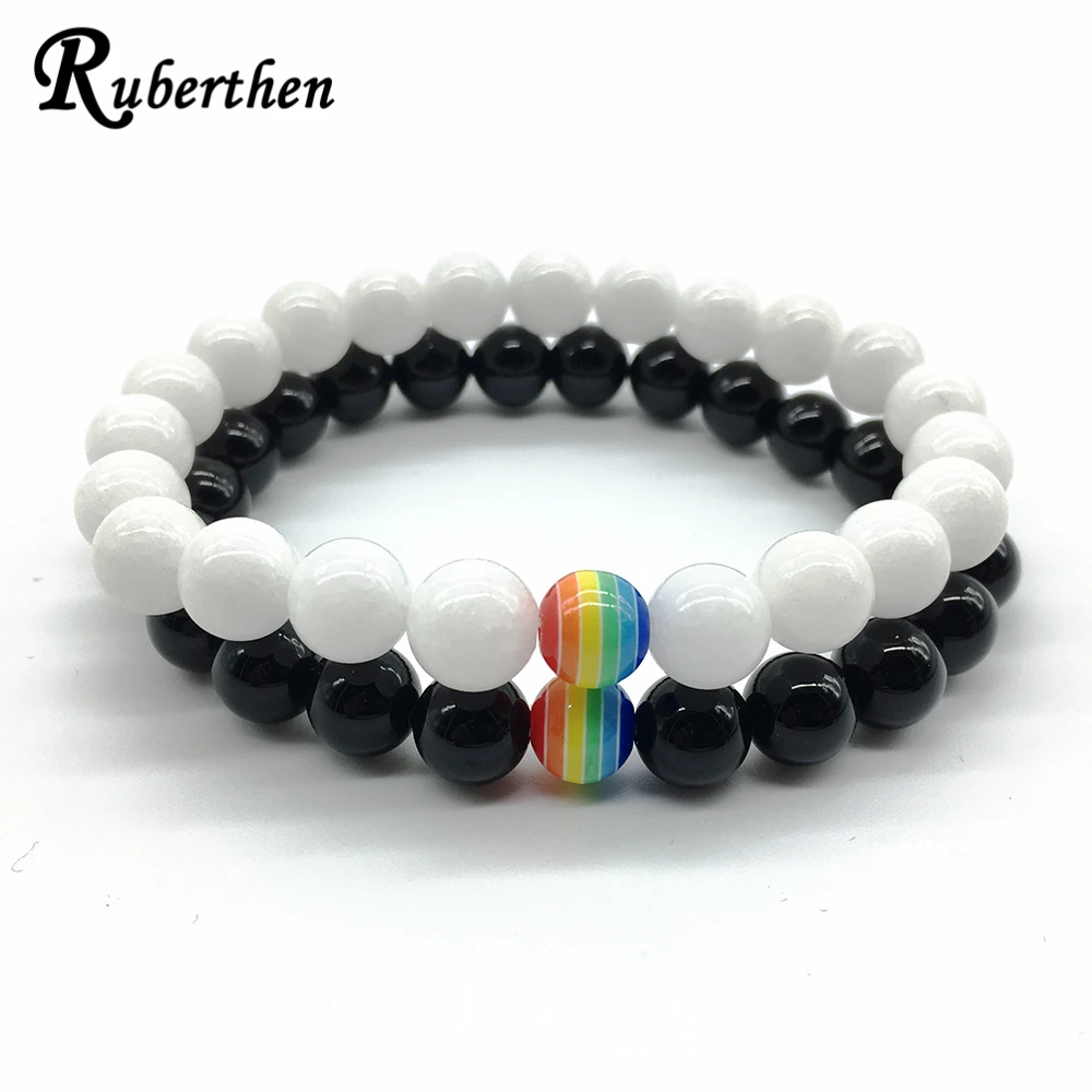 Ruberthen New Design Rainbow Bracelet 7 Colorful Bead Bracelet Black Onyx White Shell Bracelet
