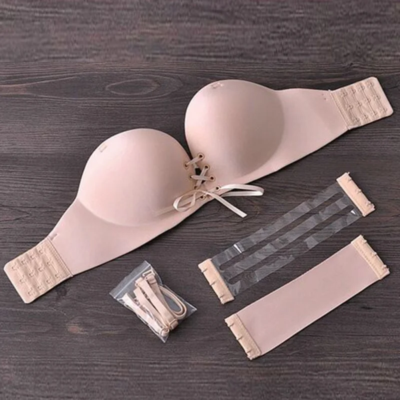 Sexy Solid Women Underwear Sexy Lingerie Corset Push Up Paste Bra Wire Free Bra Invisible Strapless Lace Up Seamless 1/2 Cup