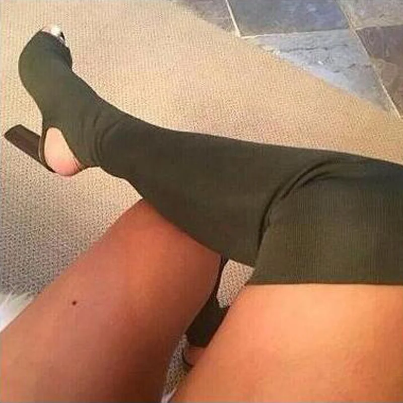 Thin Over the Knee Sock Peep Toe Boots Knit Stretch Women Boots Square Heels Shoes Sexy Party Dress Spring Autume Shoes Slio On