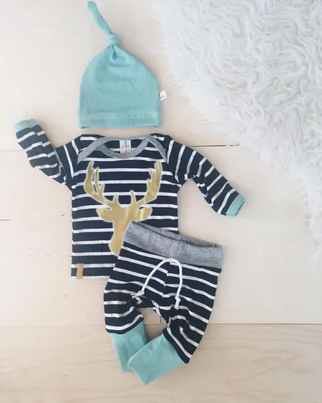 US 3pcs Newborn Baby Boys Girls Long Sleeve Deer Tops + Striped Long Pants Hat Outfits Set Clothes 0-18 Months