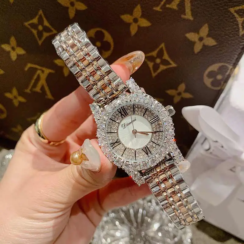 2019 Fashion Top Brand Luxury Fully Diamond Women Watches Quartz Waterproof Stainless Steel Roman Face Wrist Watches For Women