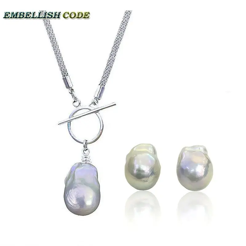 

hot simple OT IQ baroque style pearls pendant necklace stud earring set nucleated fire ball shape net chain sterling women