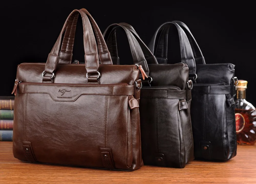 Men Business Leather Briefcase Shoulder Messenger Bag for 14\