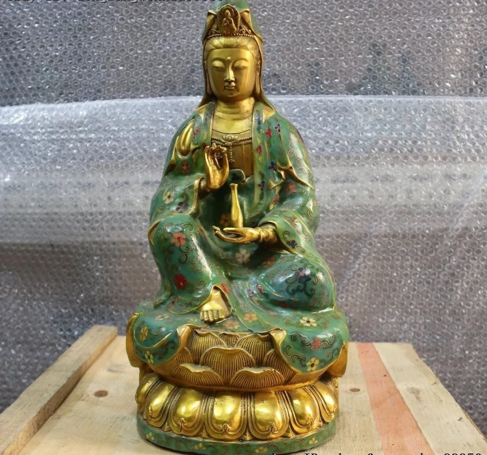 Chinese Cooper Bronze Cloisonne Kwan-yin Guanyin Goddess Avalokitesvara Statue