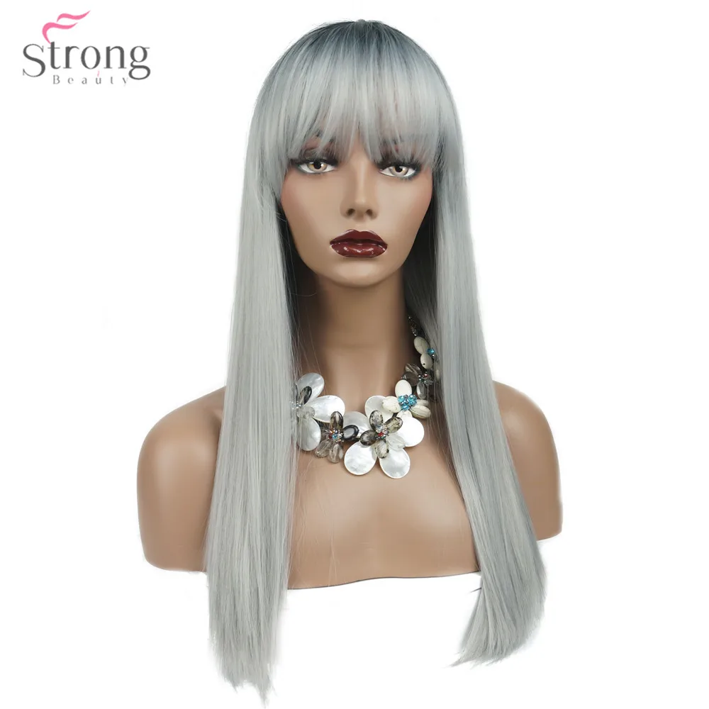 Strongbeauty dámská syntetická paruky ombre stříbro gray/blonde vlasy dlouhé přímo upravený bang! styl natura paruky