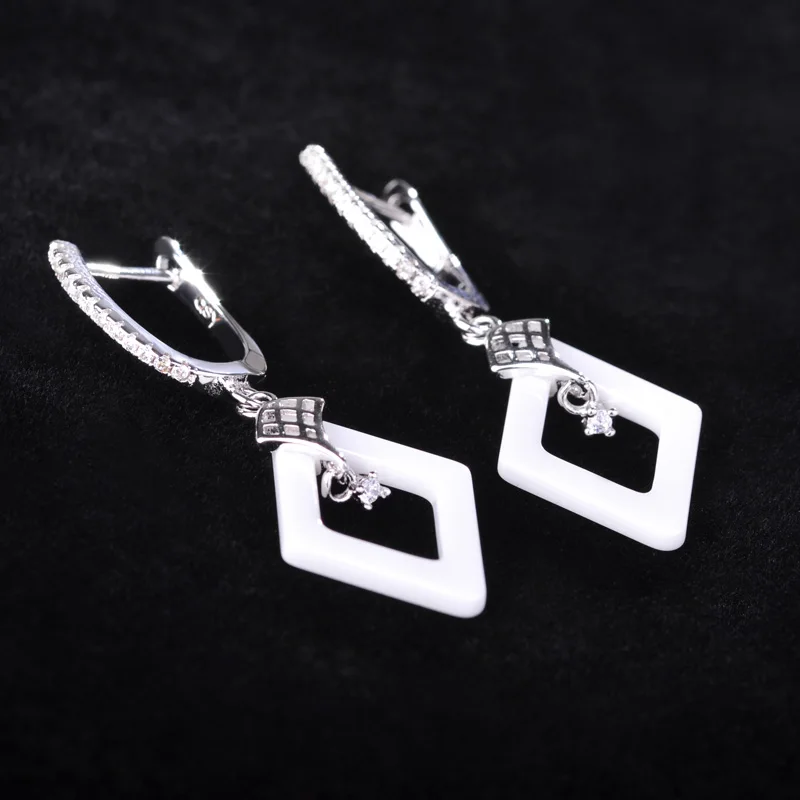 Fashion Bridal Wedding Jewelry Sets Earrings Rings White Ceramic Square Drop Earrings Crystal Copper Anel Aros Keramik Schmuck