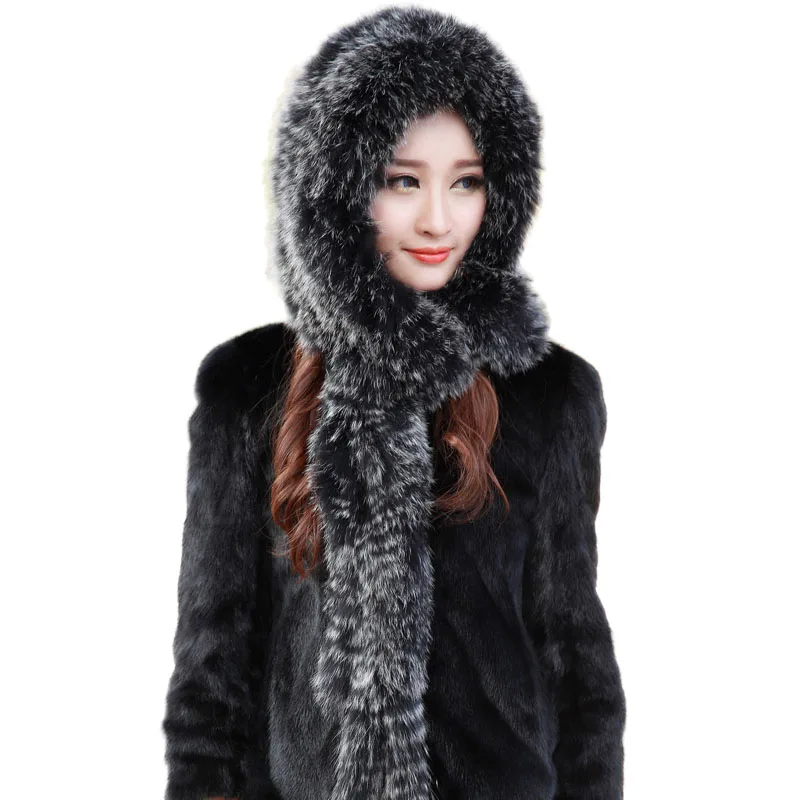 

2023 Winter Warm Hat With Scarf Women Real Fox Fur Hat With Earflap Knitted Ladies Natural Fur Russian Hats Winter Cap Sets