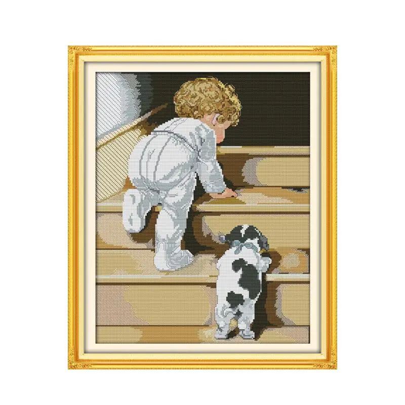 Little boys and puppies strive hard to keep up stairs Stitch Embroidery Cross Stitch Kit Furniture Cloth Decorations