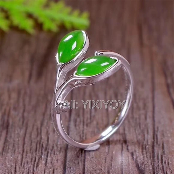 

Beautiful 925 Silver Green HeTian Jade Beads Inlay Jasper Leaf Hollow Design Ring Adjustable Certificate Girl's Gift Jewelry