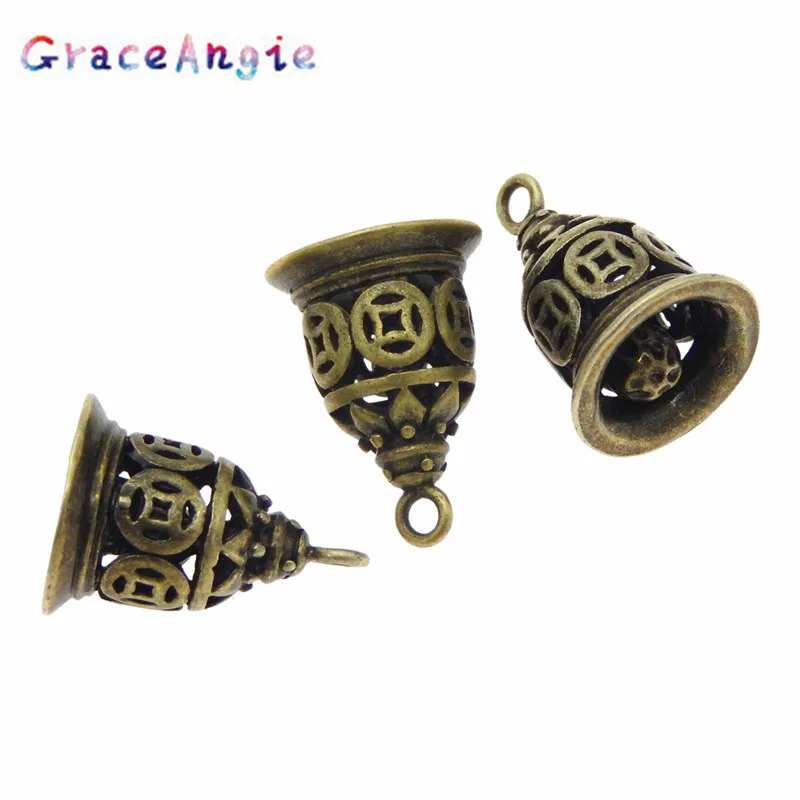 GraceAngie 12PCS Antique Style Bronze Tone Heart Ancient Bell Charm Alloy Plated Suspension Pendants (03753) image 4