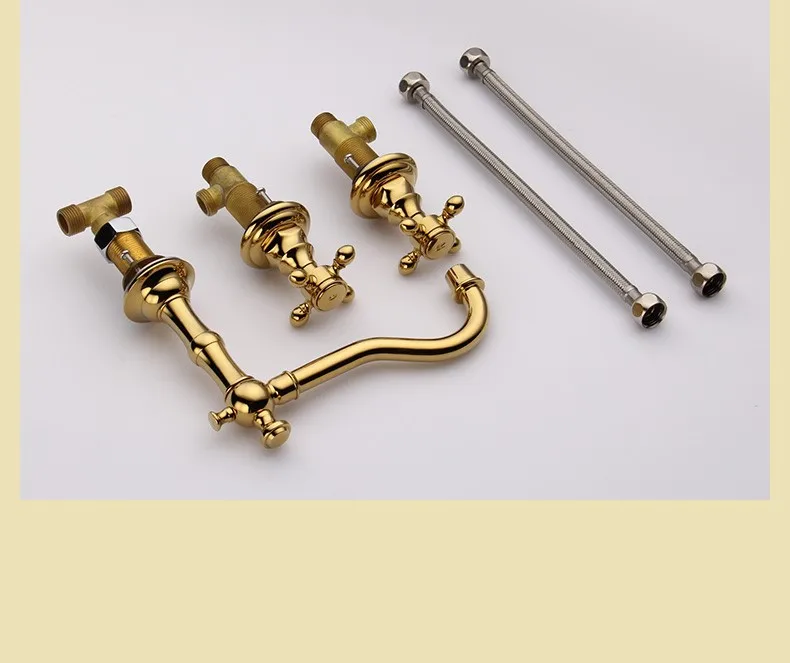 Luxury Gold Art Deck Mounted Three Holes Double Handles Widespread Bathroom Sink Faucet golden mixer tap