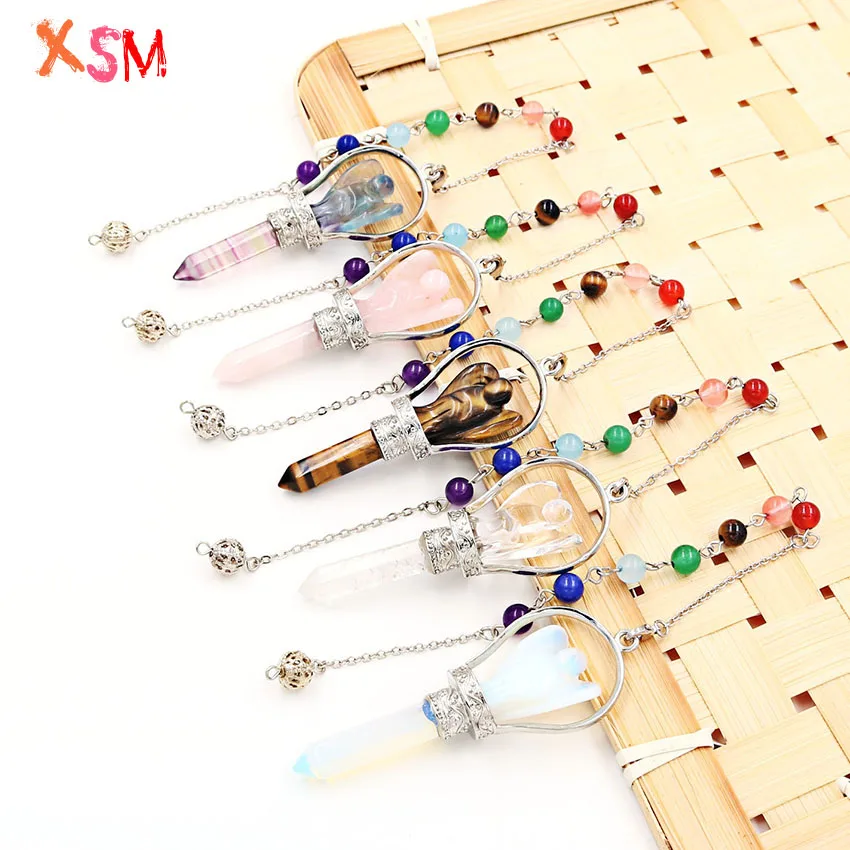 XSM Natural Stone Crystal Hexagonal Pendulum Angel Pendant Spiritual Reiki Healing Pendants 7 Chakra Chain Charms Jewelry 1 Pcs