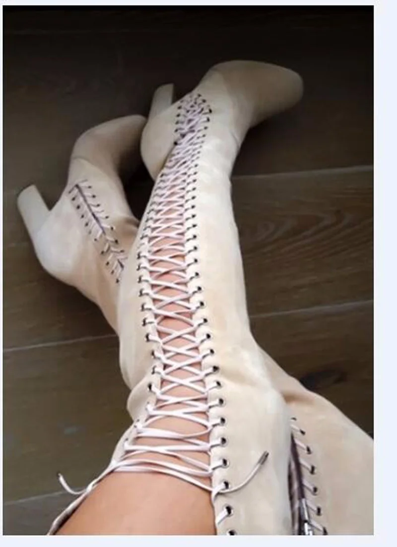 Newest Women Fashion Suede Leather Lace-up Cut-out Thick Heel Over Knee Boots Chunk High Heel Long Gladiator Boots