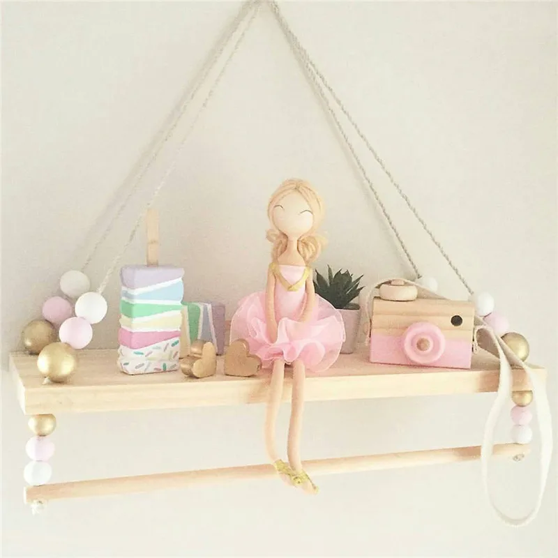 

Ins Nordic Style Nursery Decor Wooden Wall Shelf with Pearl and Tassel Kids Room Clothes Decoration Organizer Storage Holders