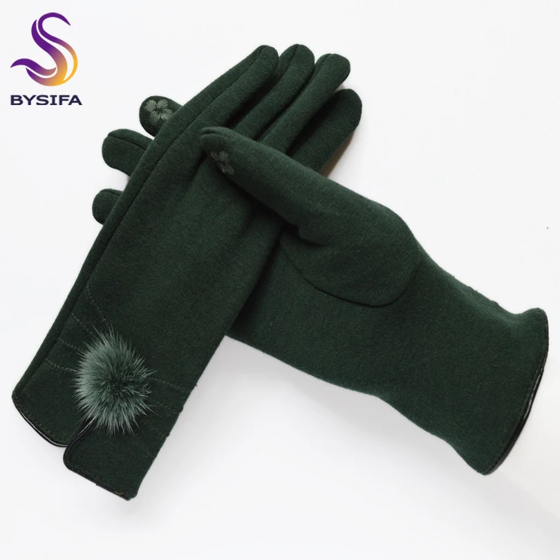 [BYSIFA] Women Mittens Gloves Winter Mink ball Wool Gloves Fashion Opening Design Ladies Gloves New Elegant Black Green Gloves