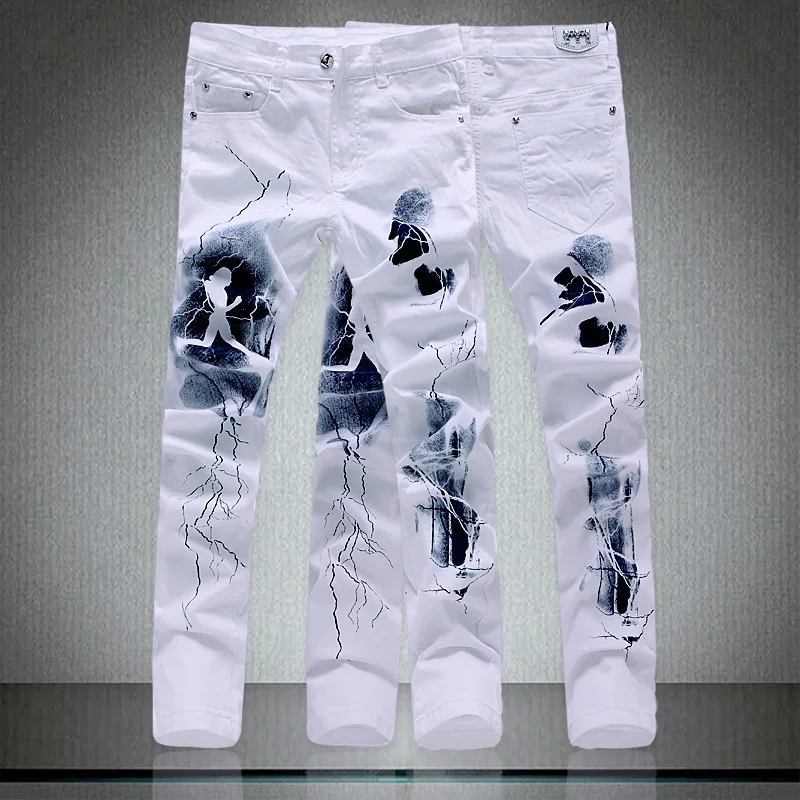 White Fashion Men Jeans Unique Lighting And  Man Printing Cotton Large Size 40 Jeans For Men   2018  New