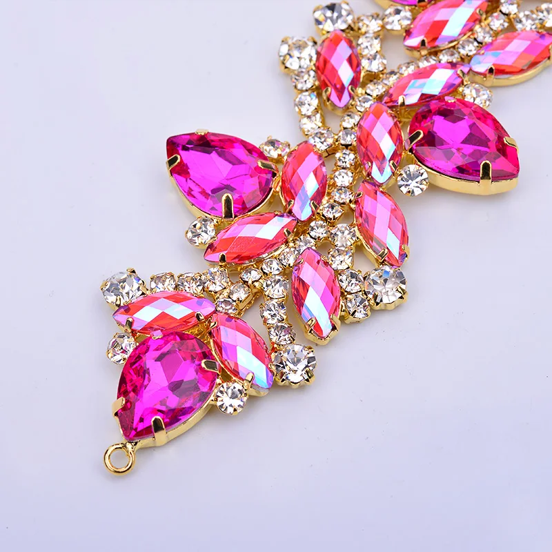 JUNAO 45*140mm 1pcs Sew On Rose AB Flower Glass Rhinestones Chain Bikini Strass Connector Flatback Gold Claw Crystal Applique