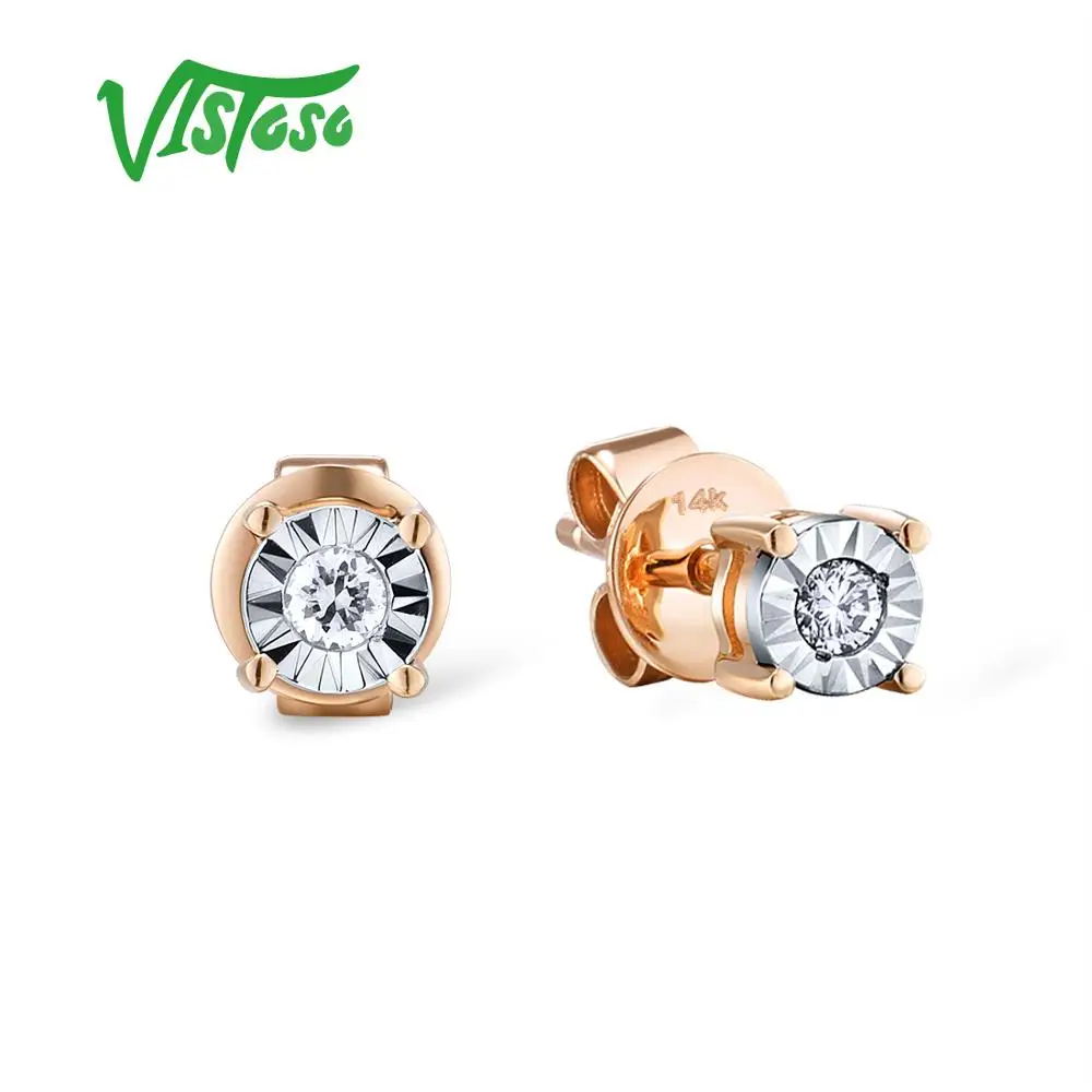 

VISTOSO Pure 14K 585 Two-Tone Gold Sparkling Illusion-Set Miracle Plate Diamond Earrinings For Women Fashion Trendy Fine Jewelry