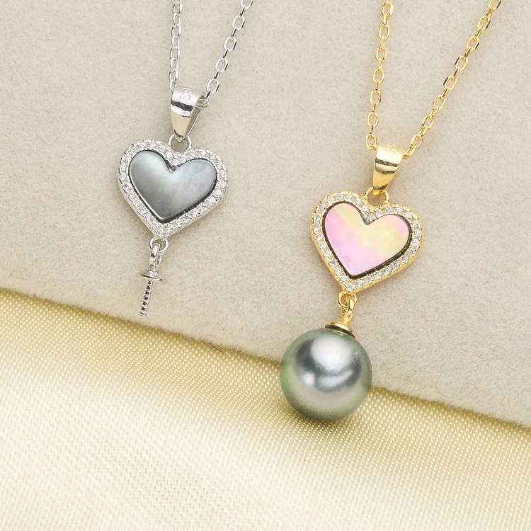 

925 Sterling Silver Pearl Heart Necklace Chain with Pendant Mountings Necklace Findings Jewelry Parts Fittings Accessories
