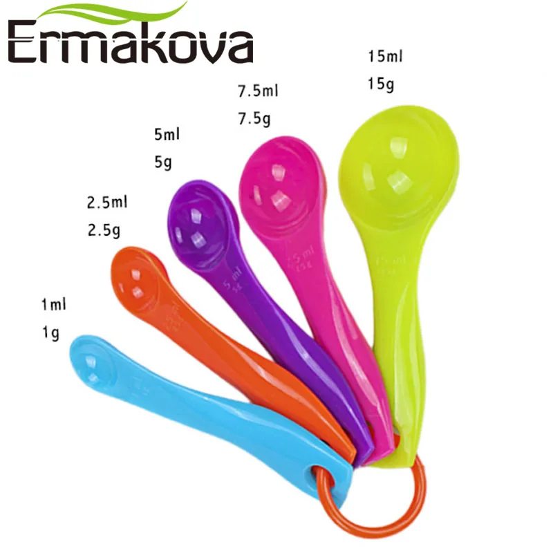 ERMAKOVA (1/2.5/5/7.5/15 ml)Measuring Spoon Set of 5 Mixed Colors Plastic Measure Spoon for Dry Liquid Ingredients Baking Tool