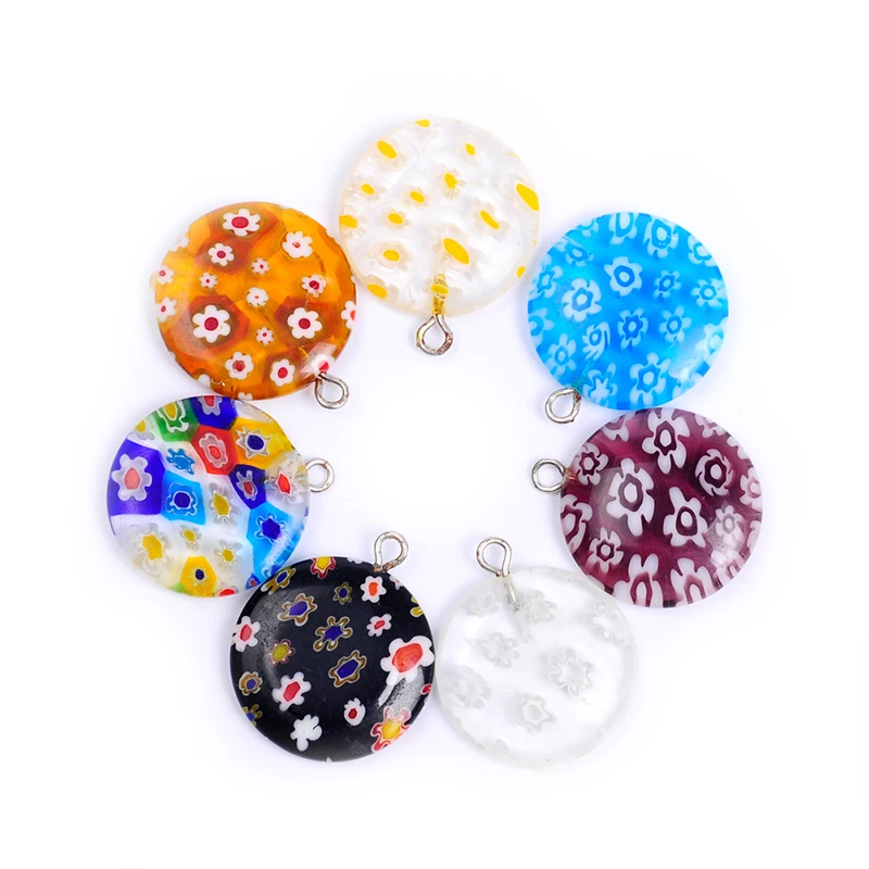 10pcs/lot 20mm many colors round saika flower lampwork glazed glass pendant little charm pendant for necklace DIY jewelry making