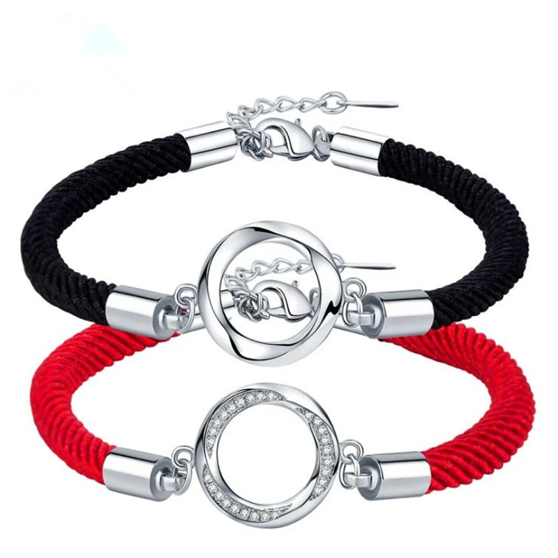 KOFSAC New Fashion Silver 925 Bracelets For Women Men Couple Lovers Shiny CZ Round Pendant Jewelry Black Red Rope Bracelet