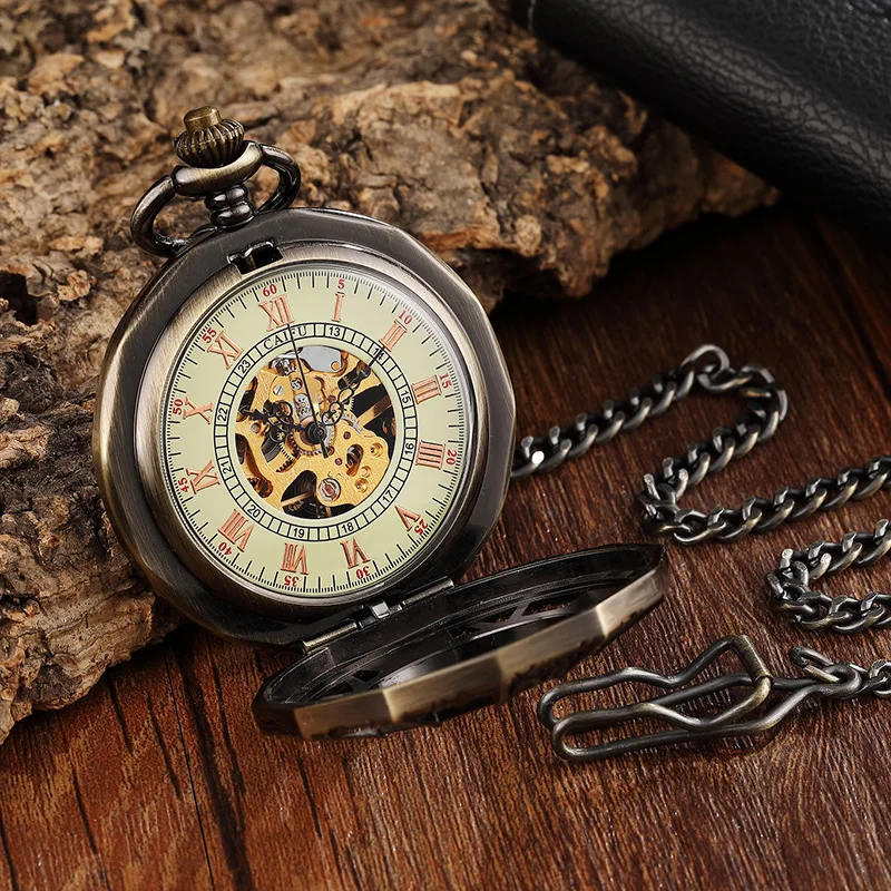 Oco numerais romanos relógio de bolso mecânico antigo aranha gravado steampunk colar fob unisex dos homens do vintage relógio pendente