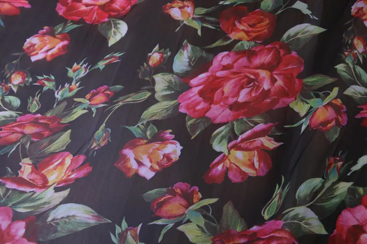 145cm Width Fashion Rose Flowers Black Thin Chiffon Fabric for Woman Girl Summer Long Beach Dresses DIY Cloth Sewing Material