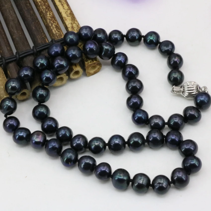 New fashion natural 9-10mm black freshwater cultured pearl nearround beads necklace for women chain choker jewelry 18inch B3223