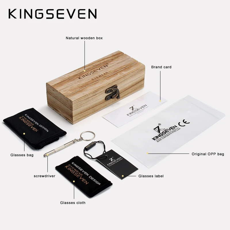 KINGSEVEN-Óculos de sol polarizados para homens e mulheres, bandas artesanais de madeira, lente de proteção UV400 masculino e feminino