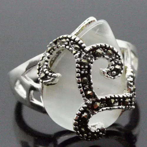 18X16mm White Cat Eye Stone Opal Marcasite 925 Sterling Silver Lady Ring Sz 7-10