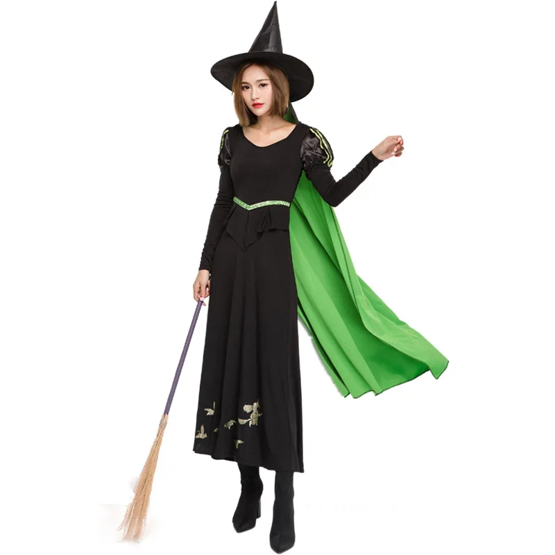 Free shipping Hallowen adult Womens Magic Moment Black witch Cosplay Costume dress with hat