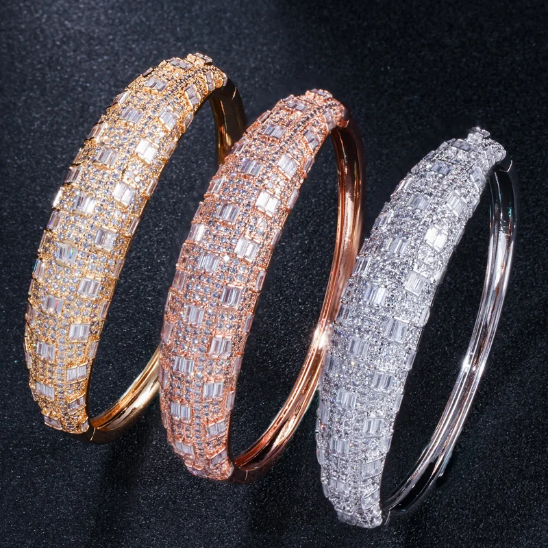 CWWZircons Luxury Cubic Zirconia Rose Gold Color Women Wedding Party Bangle Bracelet and Rings Sets Bridal Costume Jewelry T324