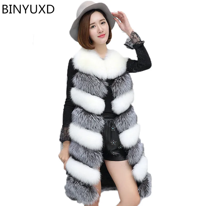 

BINYUXD 2018 new Medium Long Artifical Fox Fur Vest Women Winter Fashion Faux Fox Fur Vests Woman Warm Fake Fox Fur Coats Female