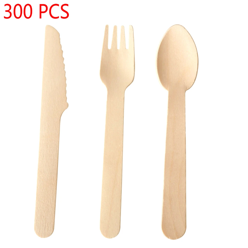 Disposable Wooden Cutlery 300 pack -Forks(100), Knives(100) and Spoons(100), Perfect Alternative For Plastic