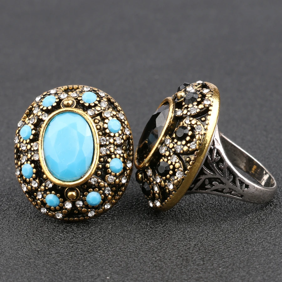 Bohemian Style Oval Colored Resin Ring Vintage Gold Color Wedding Rings Turkey Jewelry Gifts For Women Free Shipping