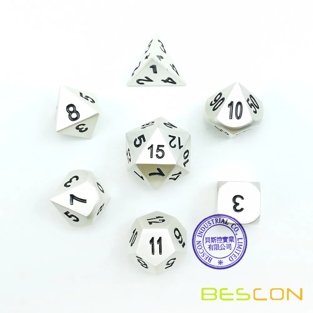 Bescon RPG Metal Dice Set of 7 Matt Pearl Silver Effect Solid Metal Polyhedral RPG Role Playing Game Dice 7pcs Set