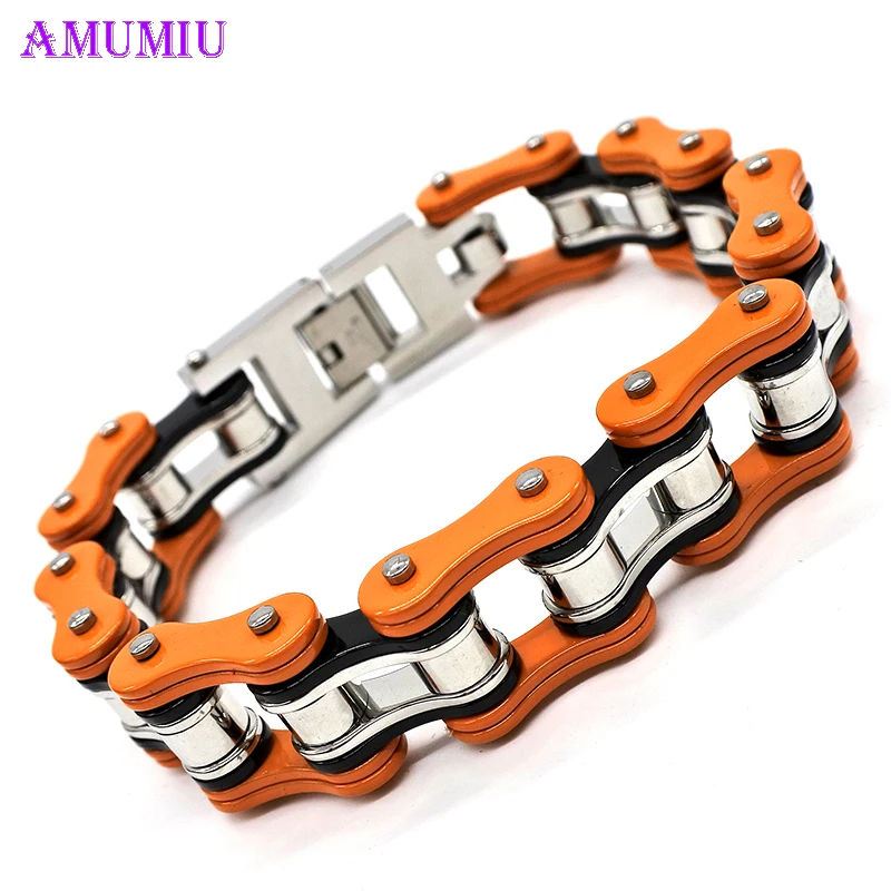 

AMUMIU Orange Pink Punk Jewelry Special Biker Bicycle Motorcycle Chain Men's Bracelets Bangles Titanium Steel Bracelet B021