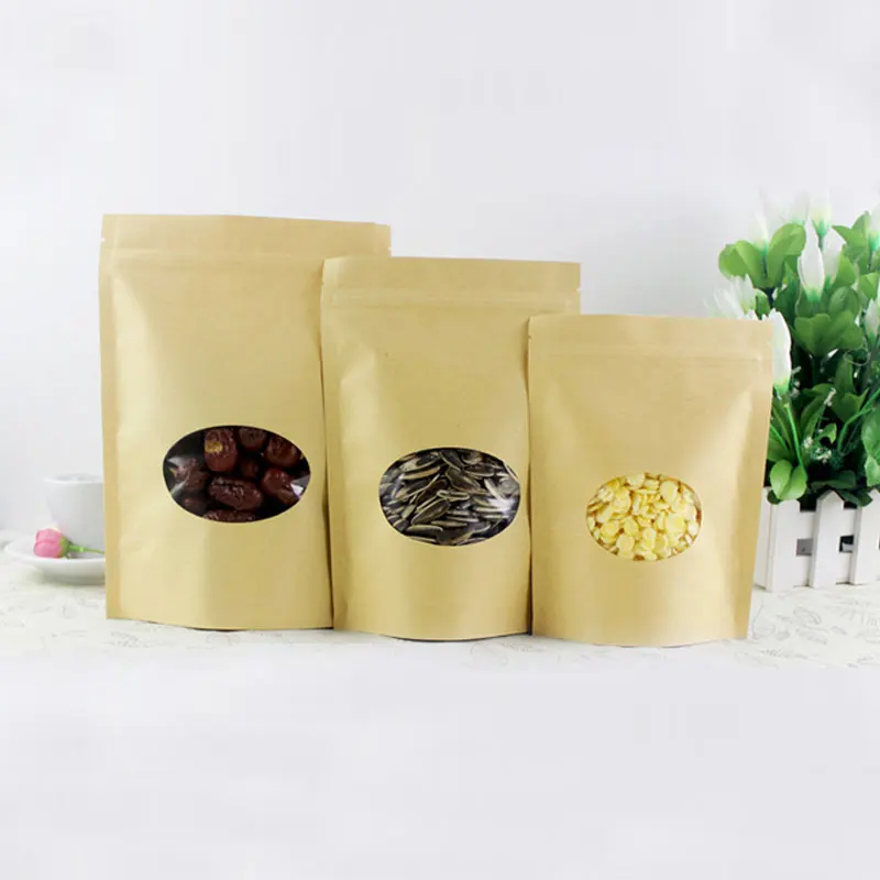 100pcs Round Brown Gift Bag Paper Kraft Bag With Window For Wedding/Candy/Tea Kraft Bags Crafts Stand Up Ziplock Packing Bag Diy