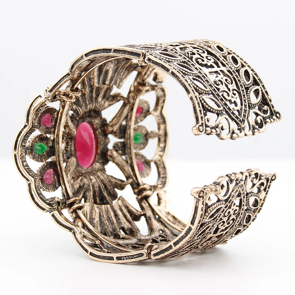Sunspicems Vintage Turkish Women Bracelet Big Bangle Antique Gold Color Resin Cuff Bracelet Indian Bride Wedding Banquet Bijoux