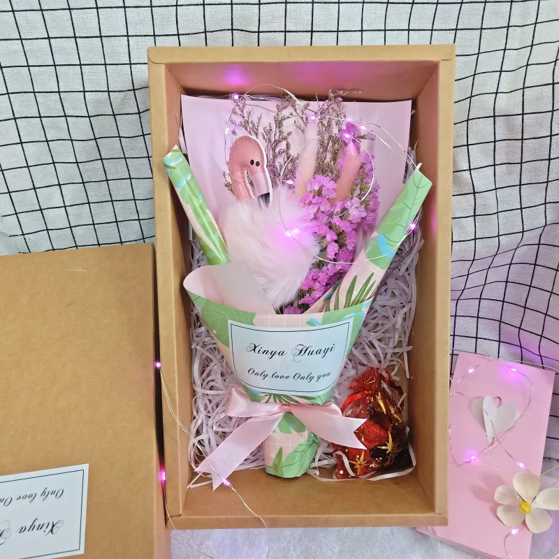 Plush Rabbit Doll Toy Flamingo Babysbreath Rose Dried Flower Bouquet Box Surprise Romantic Wedding/Graduation/Birthday Gift