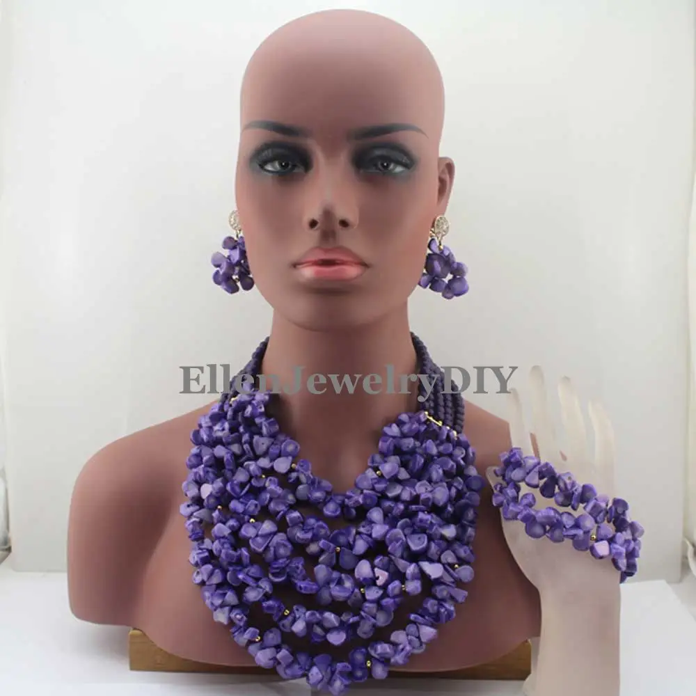 

New Fashion African Beads Jewelry Set Chunky Beaded Necklace Set Purple Coral nigerian wedding beads Jewelry sets W13035