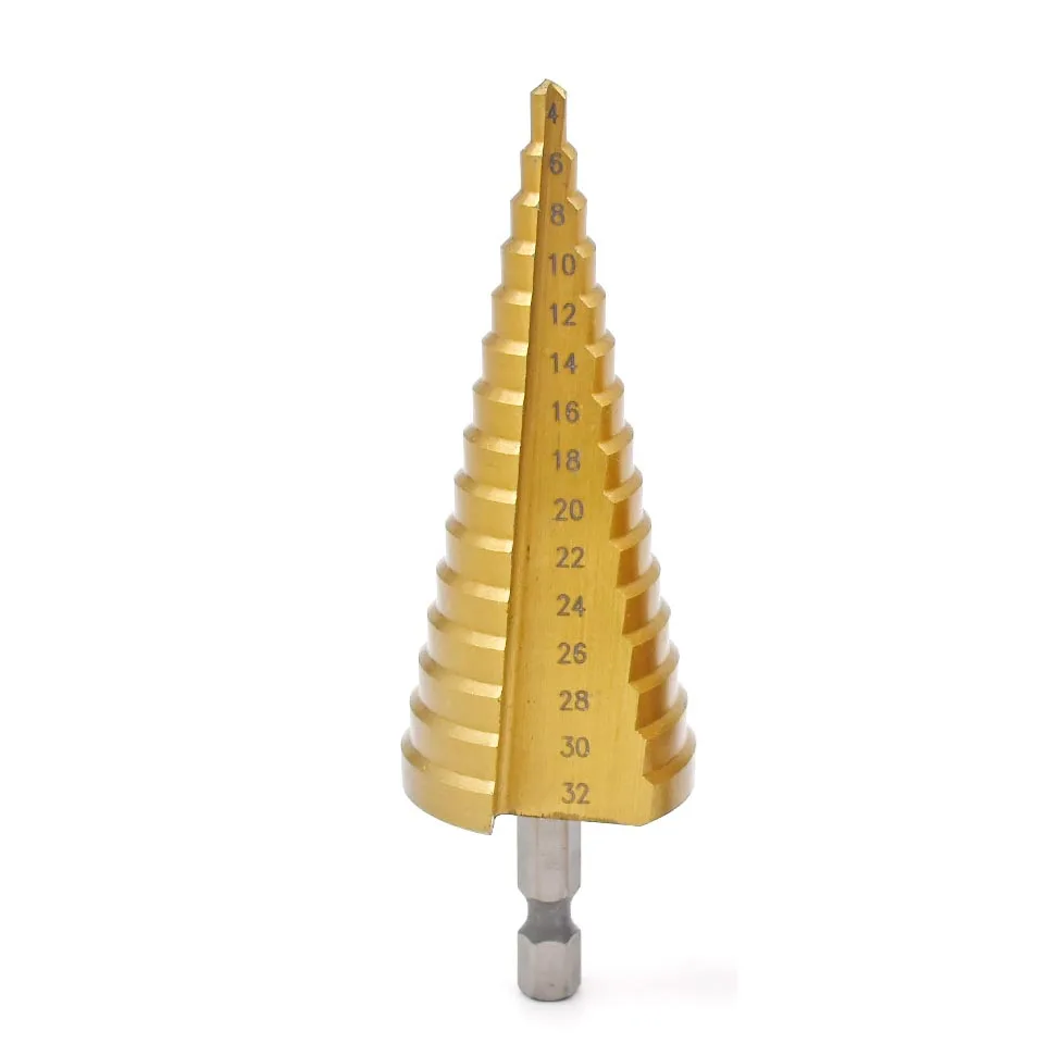 Toofit 1pc HSS Steel Titanium Step Drill Bits Step Cone Cutting Tools Steel Woodworking Wood Metal Drilling 3-12 4-12/20/32mm