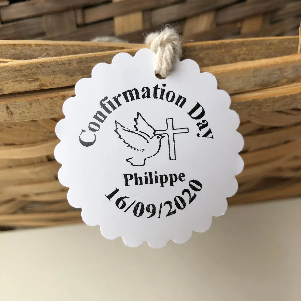 Confirmation personalized tags my first holy communion thank you gifts favor present decoration dove crucifix white Kraft tag