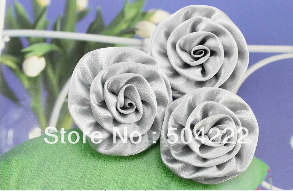 70pcs hand made shiny silver rosette Satin rolled Ribbon Fabric Flowers 55mm