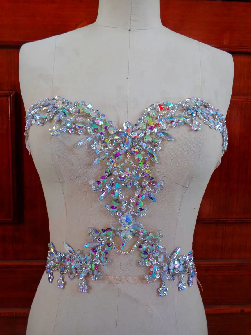 zbroh New clear AB colour  pure handmade sew on rhinestones applique  34*30cm crystals patches for  dress DIY  accessories