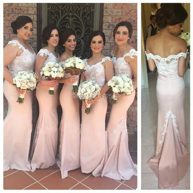 Stunning Bridesmaid Dresses Elegant Mermaid Off The Shoulder Sweep Train Champagne With White Lace Applique Party Dresses